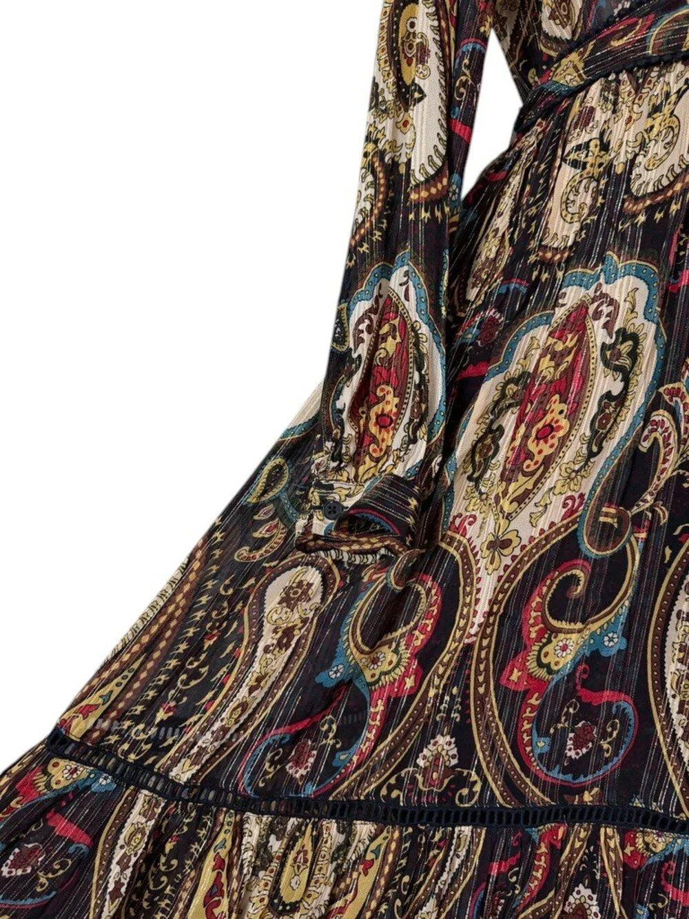 Paisley Print Maxi Dress Black Gold Teal Tiered Long Sleeve Collared Boho Belt - Picture 5 of 7